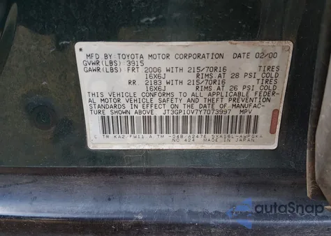 2000 Toyota Rav4 z USA, uszkodzony, nr VIN JT3GP10V7Y7073997